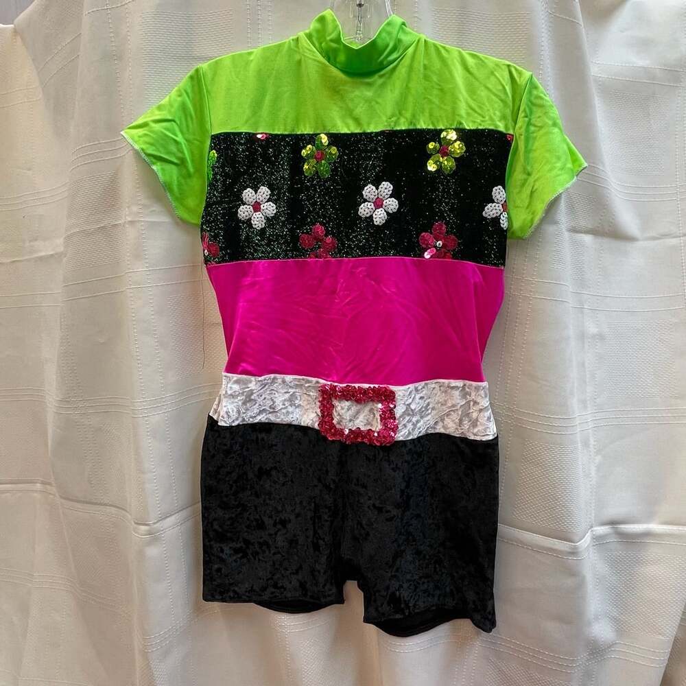 Weissman Dance Costume Unitard Neon Green Black Pink Sequins Flower Girls
